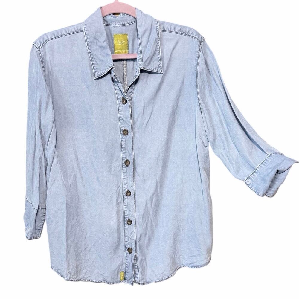 Pulp Lyocell Chambray Button Up Shirt USA Long Sleeve Women’s XL coastal casual